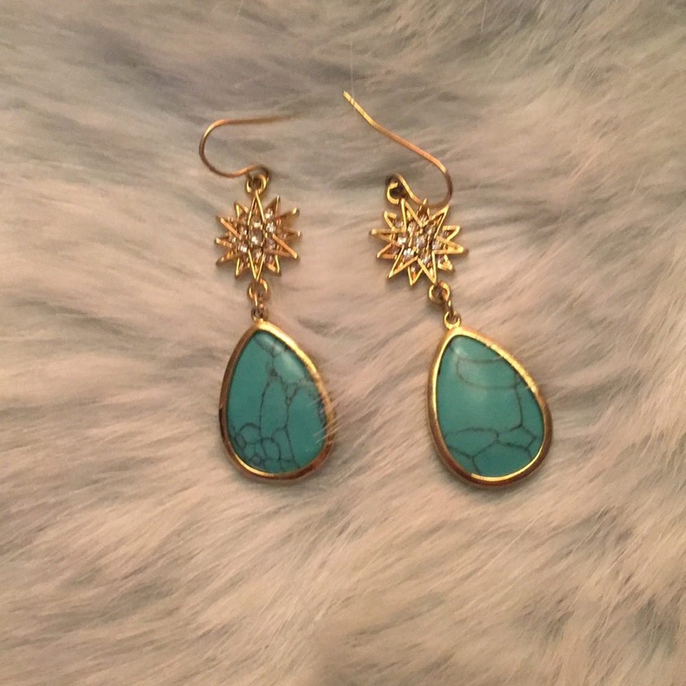 Earrings drop turquoise aqua gold star rhinestones